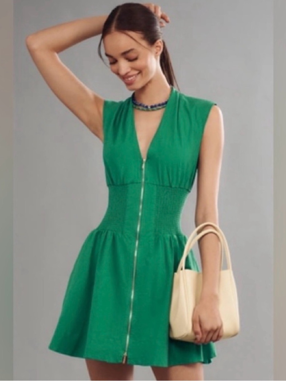 Anthropologie The Tommie Cap-Sleeve Linen Smocked Front-Zip Mini Shirt Dress